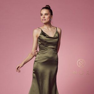 NEW LONG OFF THE SHOULDER SLEEVELESS SHEATH DRESS WITH COWL NECKLINE NX R1027